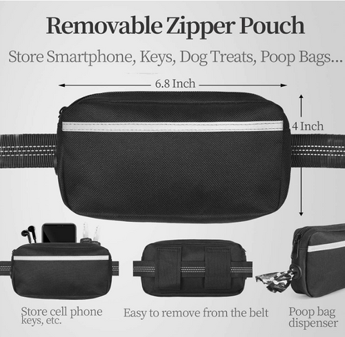 Hands Free Dog Leash with Zipper Pouch, Dual Padded Handles and Durable Bungee for Walking, Jogging and Running Your Dog (Large, 25-120 lbs, Black)